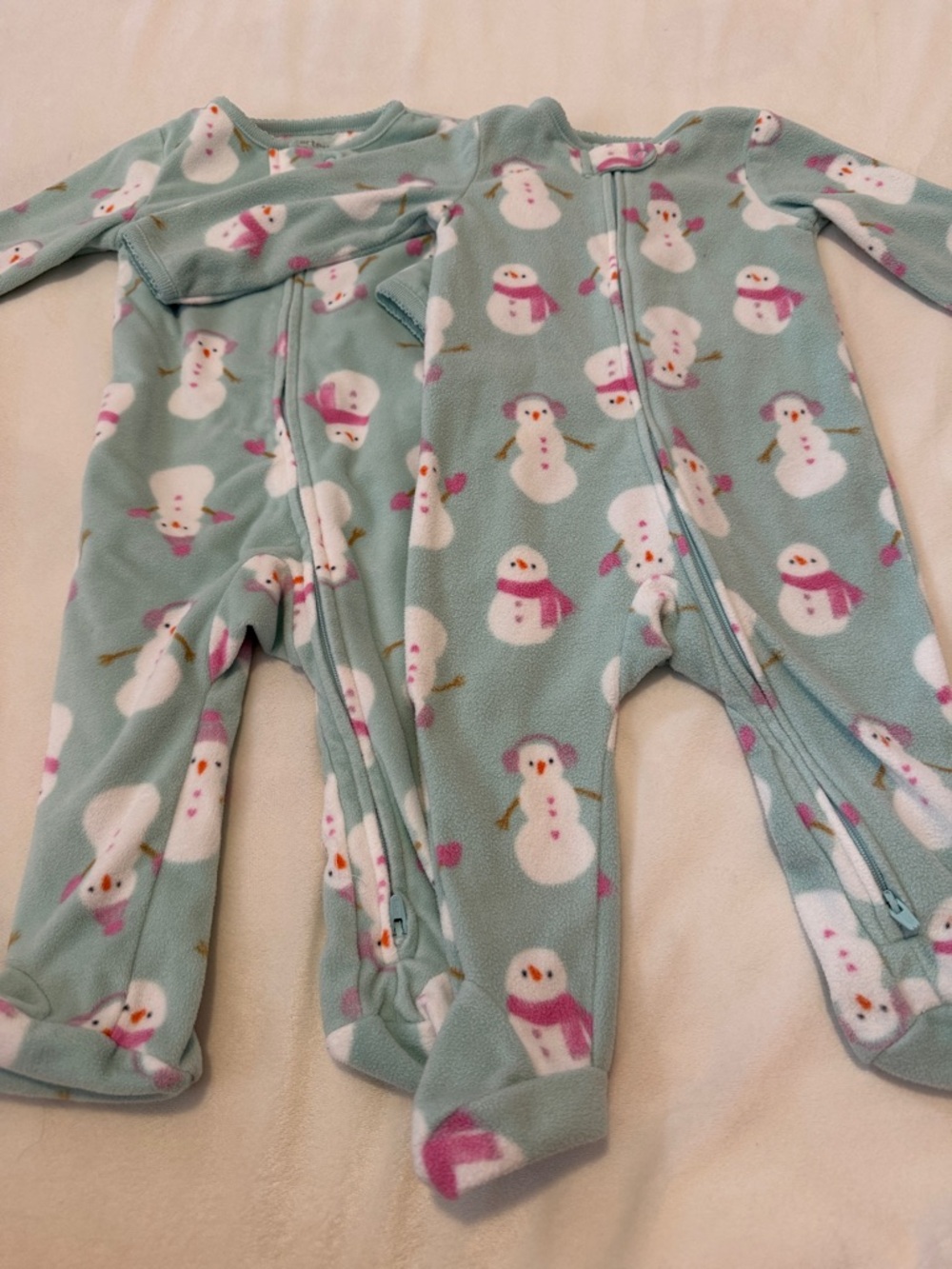 Cozy Snowman Print Baby One-Piece Sleepers - Light Teal
